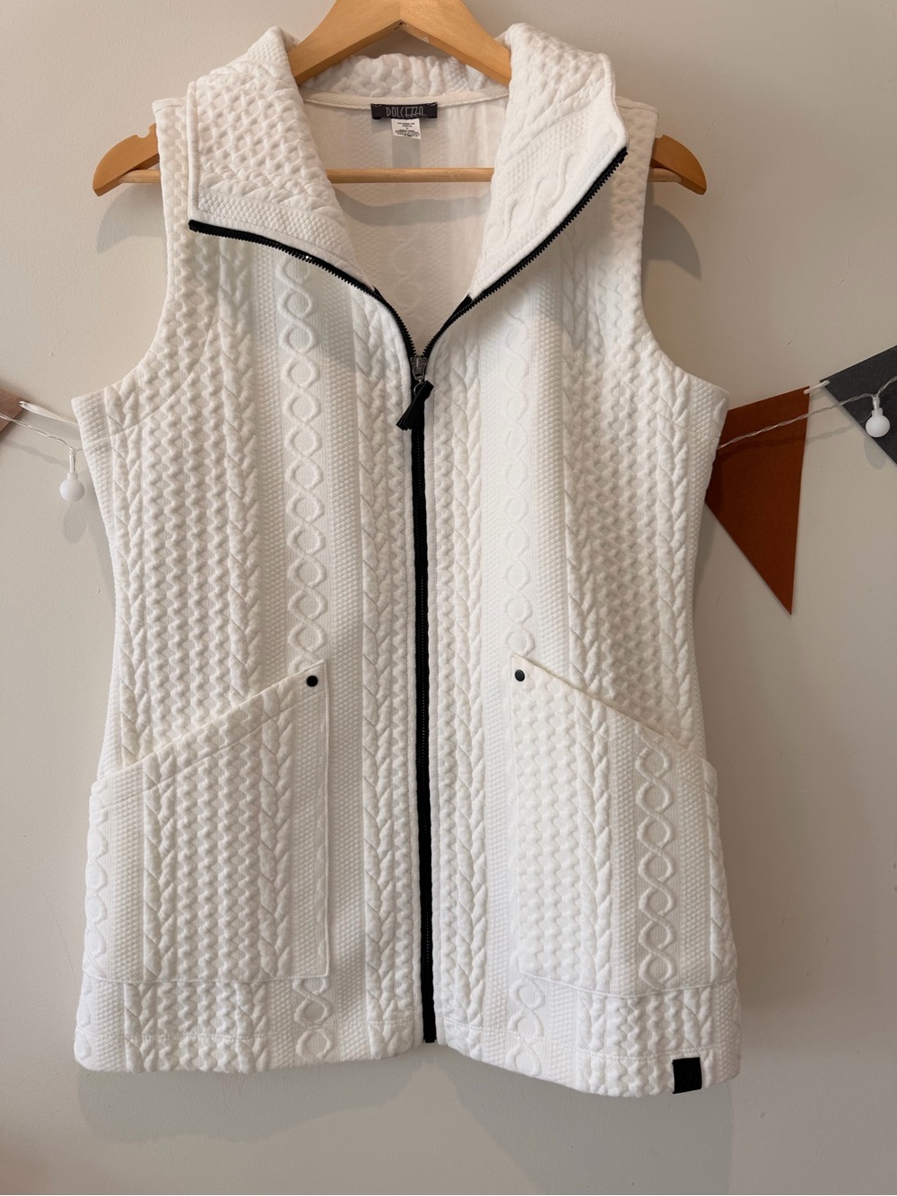 Cable-Knit White Zip-Front Vest with Black Trim